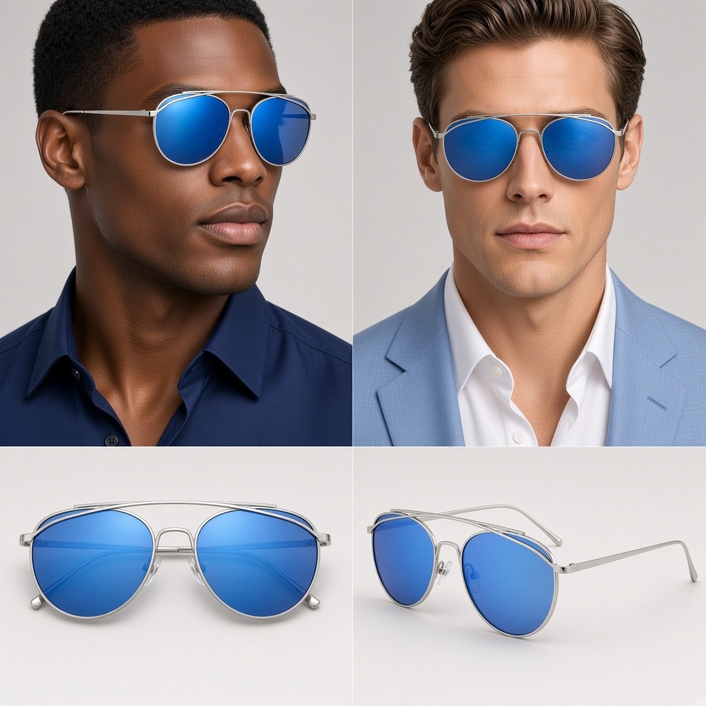 Sunglasses Men Blue Mirrored Silver Metal Sleek, Sporty, Shield, Edgy Outdoor